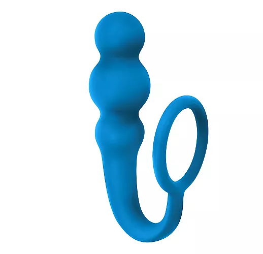 Синий анальный стимулятор Legend из силикона, анатомическим рельефом и эрекционным кольцом - 10 см.