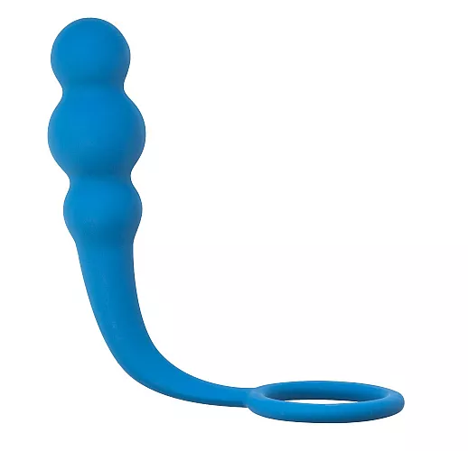 Синий анальный стимулятор Legend из силикона, анатомическим рельефом и эрекционным кольцом - 10 см.