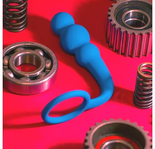 Синий анальный стимулятор Legend из силикона, анатомическим рельефом и эрекционным кольцом - 10 см.