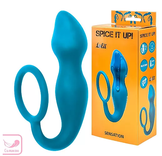 Синий анальный стимулятор Sensa из силикона, анатомическим рельефом и эрекционным кольцом - 10 см.