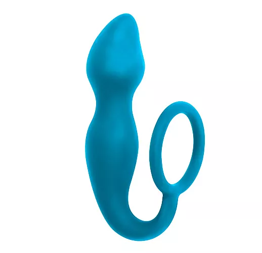 Синий анальный стимулятор Sensa из силикона, анатомическим рельефом и эрекционным кольцом - 10 см.