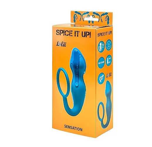 Синий анальный стимулятор Sensa из силикона, анатомическим рельефом и эрекционным кольцом - 10 см.