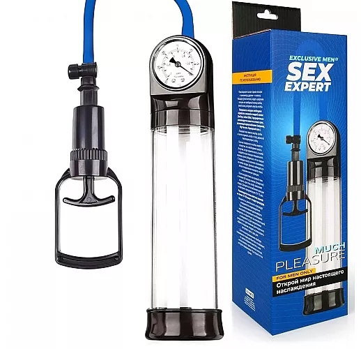Прозрачная вакуумная помпа Much Pleasure с манометром для контроля давления в колбе - 20 см. ⌀ 6 см.