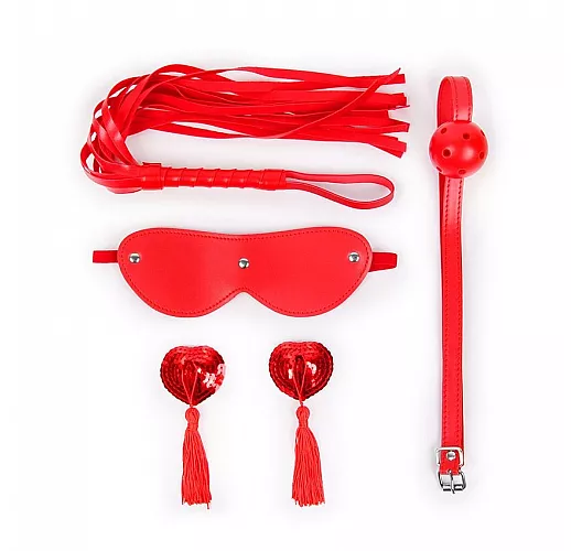 Универсальный красный набор БДСМ Notabu "D&S Versatile": плеть, кляп, маска и пэститы
