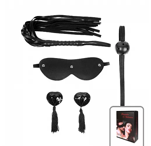 Универсальный чёрный набор БДСМ Notabu "D&S Versatile": плеть, кляп, маска и пэститы