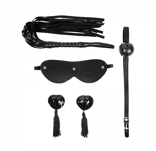 Универсальный чёрный набор БДСМ Notabu "D&S Versatile": плеть, кляп, маска и пэститы