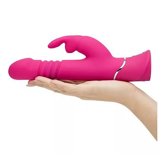 Розовый вибратор Thrusting Realistic Rechargeable Rabbit Vibrator с имитацией толчков - 22,8 см.