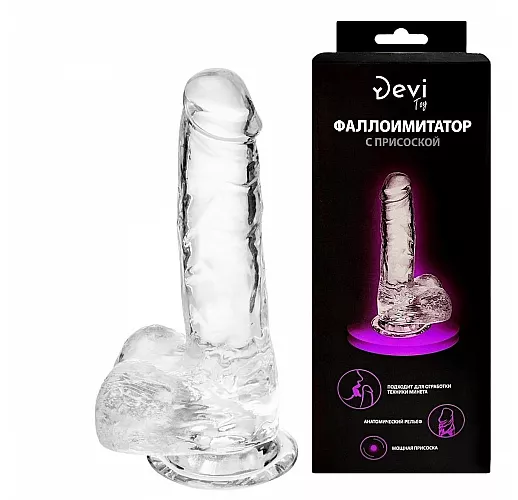 Прозрачный реалистичный фаллоимитатор Devi "Crystal Cock" из упругого TPE, на присоске - 18 см.