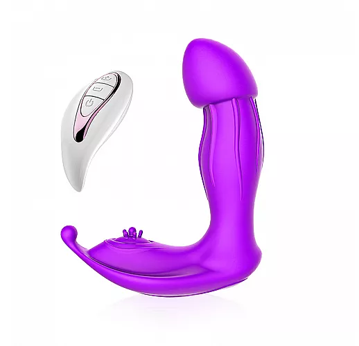 Необычный фиолетовый массажер с клиторальной стимуляцией и дистанционным управлением WaveGod