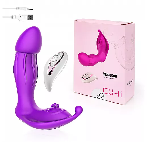 Необычный фиолетовый массажер с клиторальной стимуляцией и дистанционным управлением WaveGod