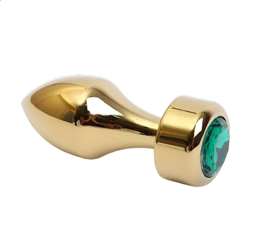 Золотистая анальная пробка с широким основанием и зелёным кристаллом - 7,8 см.
