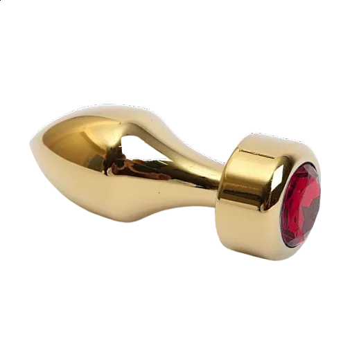 Золотистая анальная пробка с широким основанием и красным кристаллом - 7,8 см.